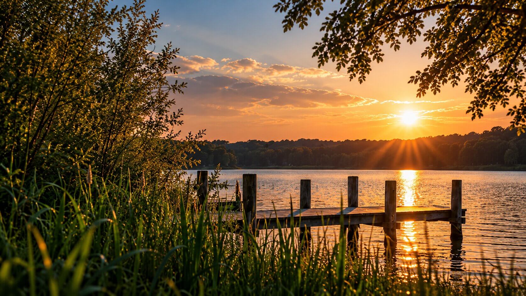 Ruhiger See mit Holzsteg, Schilf und warmem Abendlicht als Sinnbild für einen würdevollen Abschied