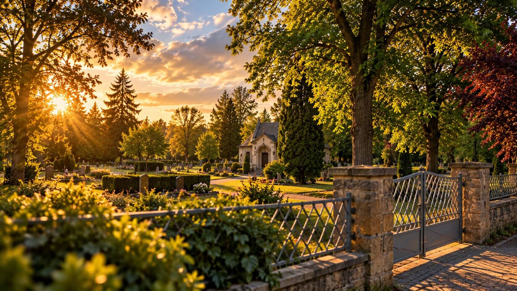 Stimmungsvolle Friedhofsansicht mit Kapelle, gepflegten Grabstätten und Bäumen