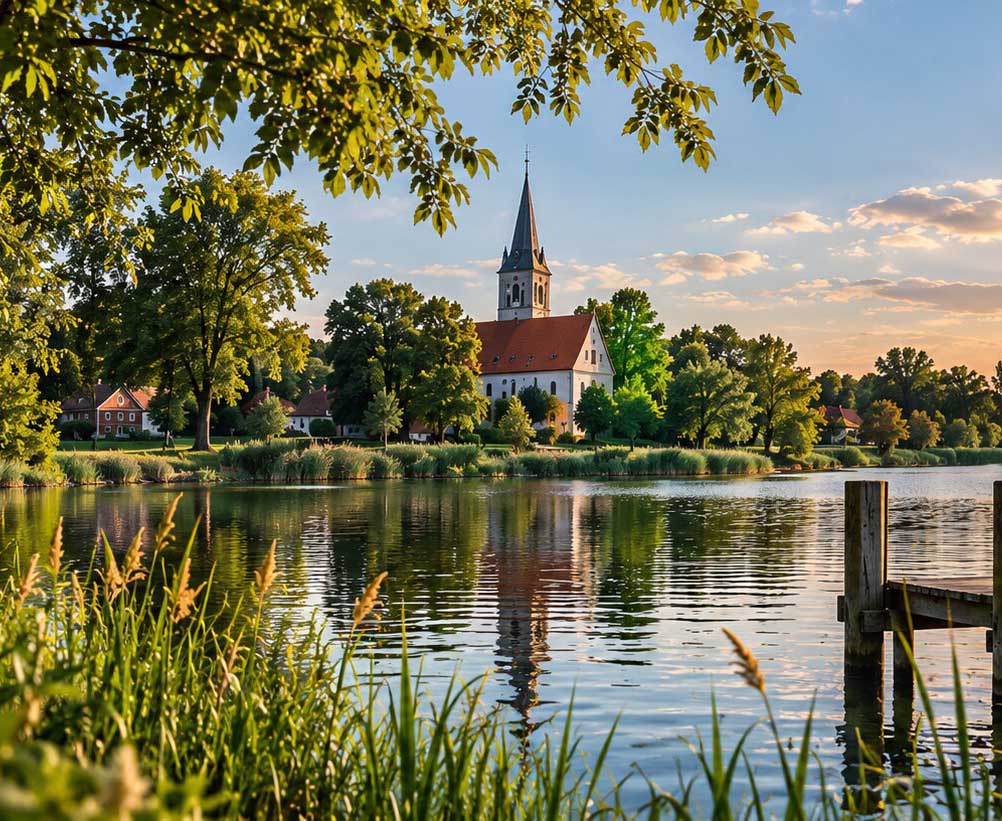 Ruhige Dorfkirche inmitten grüner Bäume als stimmungsvolles Motiv für die Region Zerpenschleuse