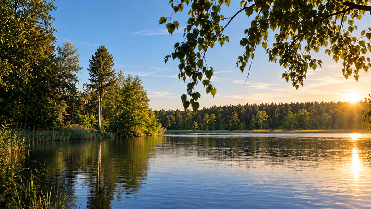 Ruhiger See bei Biesenthal mit bewaldetem Ufer, Bäumen und spiegelndem Wasser