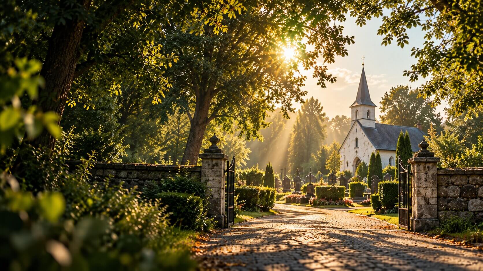 Ruhiger Weg zu einer Kirche zwischen alten Bäumen im warmen Sonnenlicht